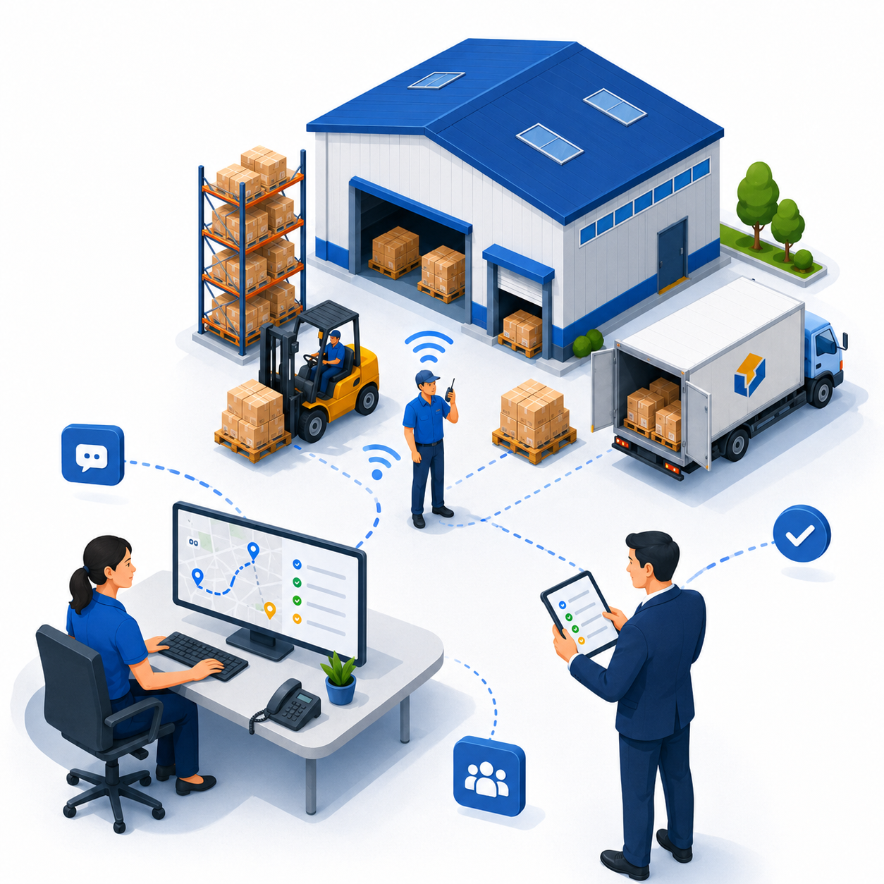 Ilustrasi koordinasi implementasi proyek logistik bersama tim operasional